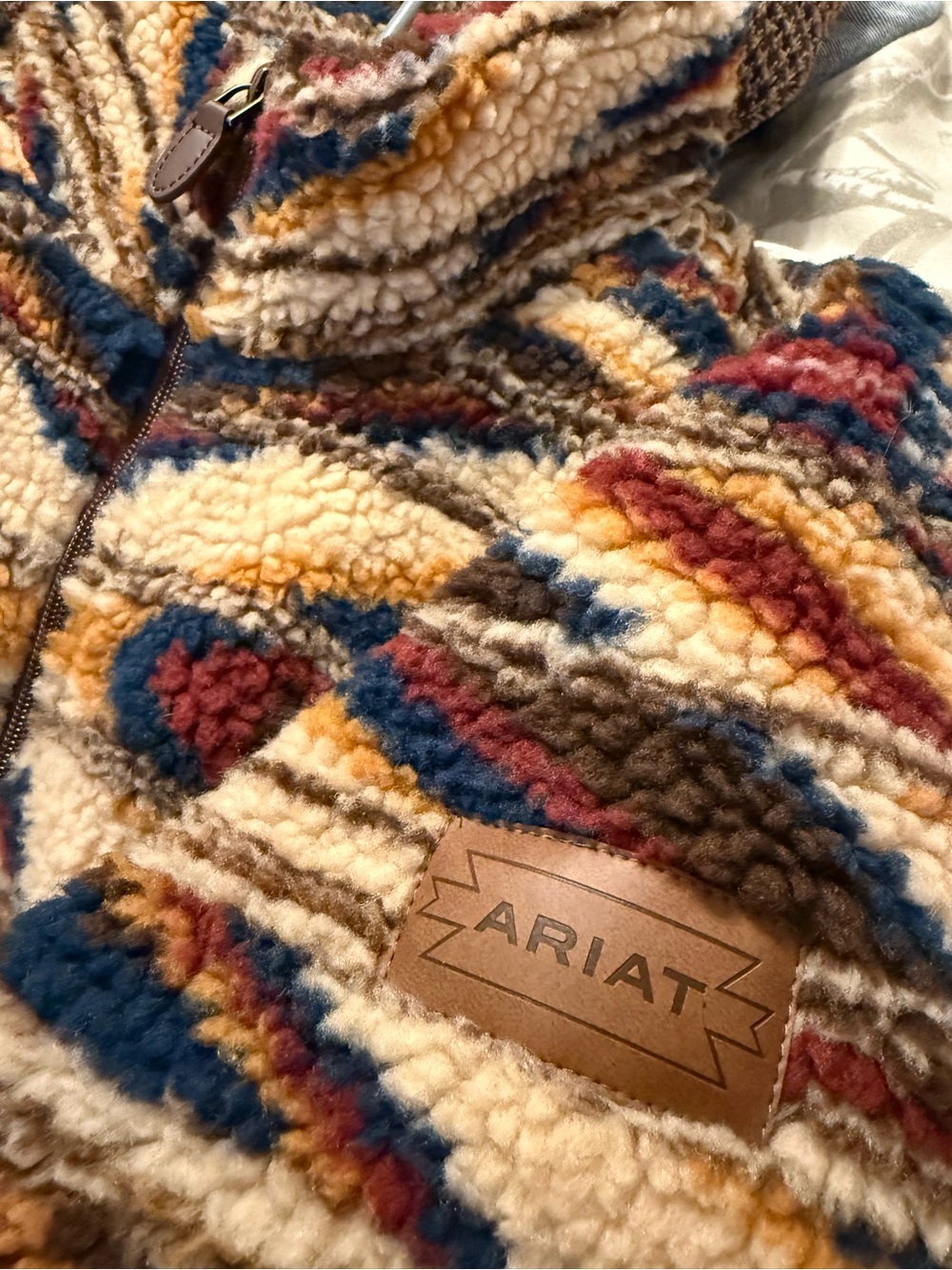 Ariat Cream Sherpa Jacket with Blue, Brown, Mustard & Red Accents